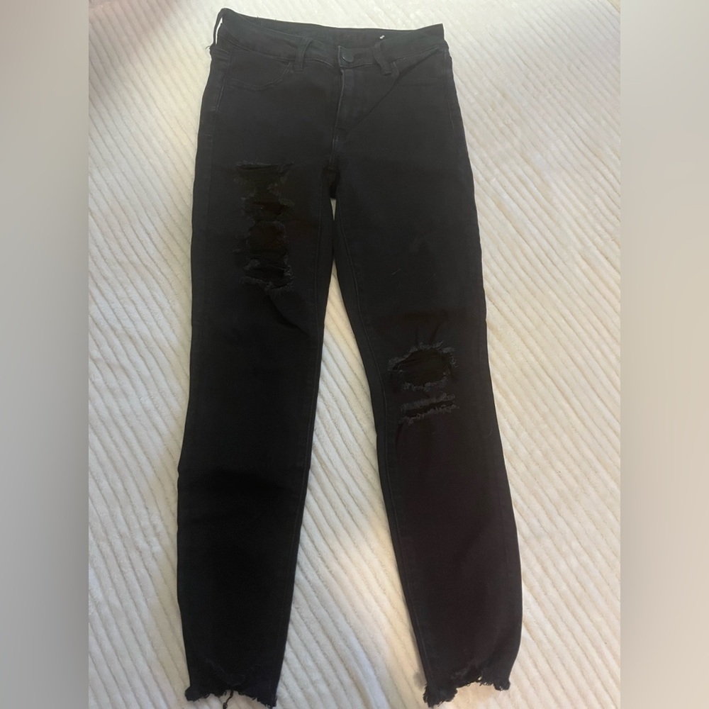 AE Next Level Stretch Black Distressed Skinny Jeans 4 Short